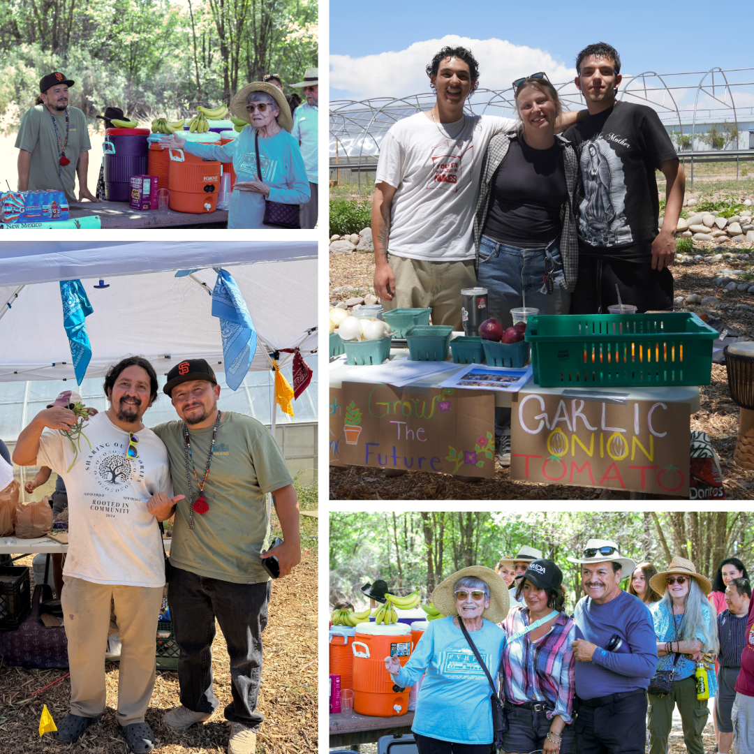The Northern New Mexico Garlic Festival brought together volunteers, growers, organizers, and community members of all ages, creating opportunities to connect, celebrate local agriculture, and strengthen relationships rooted in Northern New Mexico's rich farming traditions. A collage from the Northern New Mexico Garlic Festival highlighting community connections throughout the day. Photos show volunteers and organizers serving refreshments, local growers and community members posing together at festival booths, visitors showcasing freshly harvested produce, and attendees gathering to celebrate agriculture, friendship, and the return of the festival at Sostenga Farm.