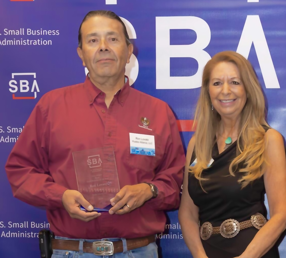 Ron Lovato, CEO, TSAY Corporation and Pueblo Alliance, LLC (SBA National New Mexico Rural Small Business of the Year and Julianna Martinez-Barbee SBDC Director NNMC, New Mexico Small Business Development Center. Photo credit: Eric Williams Photography SBA photographer